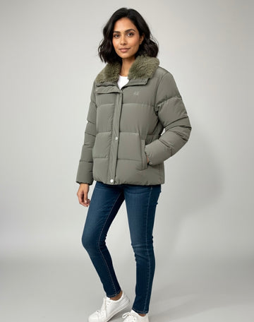 Olive Green Puffer Jacket with Faux Fur Collar
